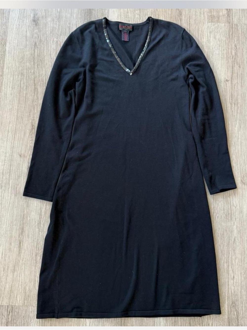 Ralph Lauren Silk Blend Beaded V-Neck Black Dress L